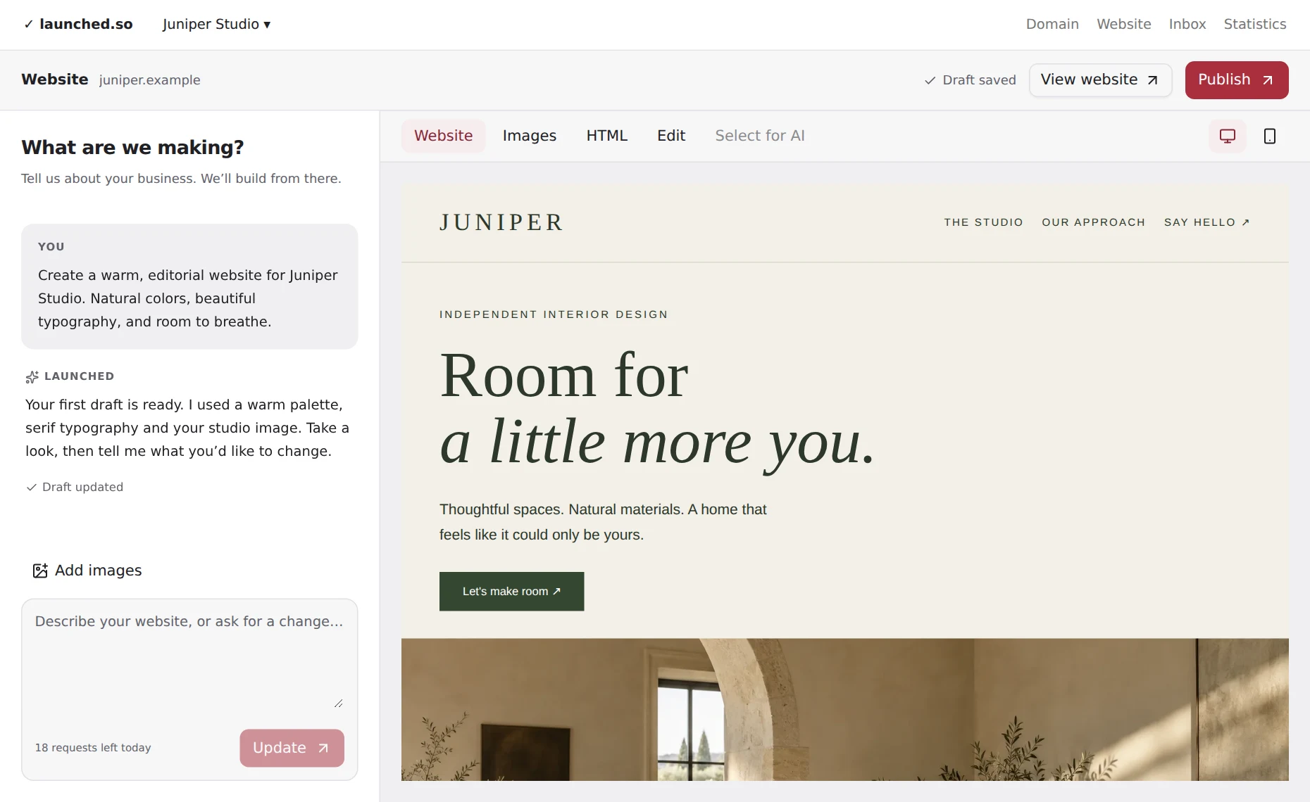 Launched website editor showing a conversation beside a private Juniper Studio website draft