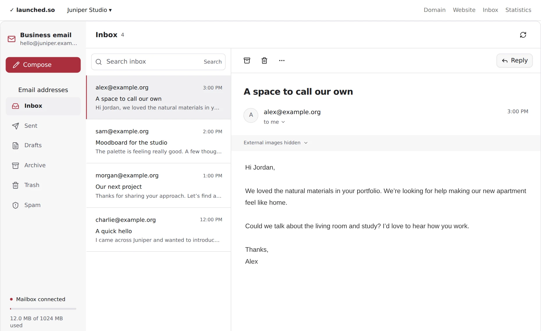 Launched inbox open to a sample inquiry addressed to hello at Juniper Studio