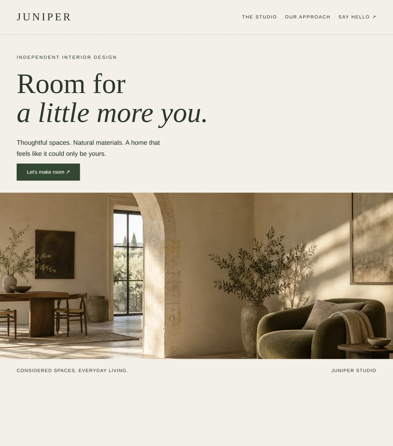 Illustrative Juniper Studio website, with editorial typography and a warm interior image